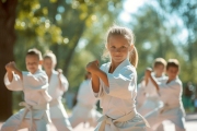 A group of young girls can be seen practicing karate moves in a park, displaying their martial arts skills and flexibility, Energetic children practising karate in the open air, AI Generated